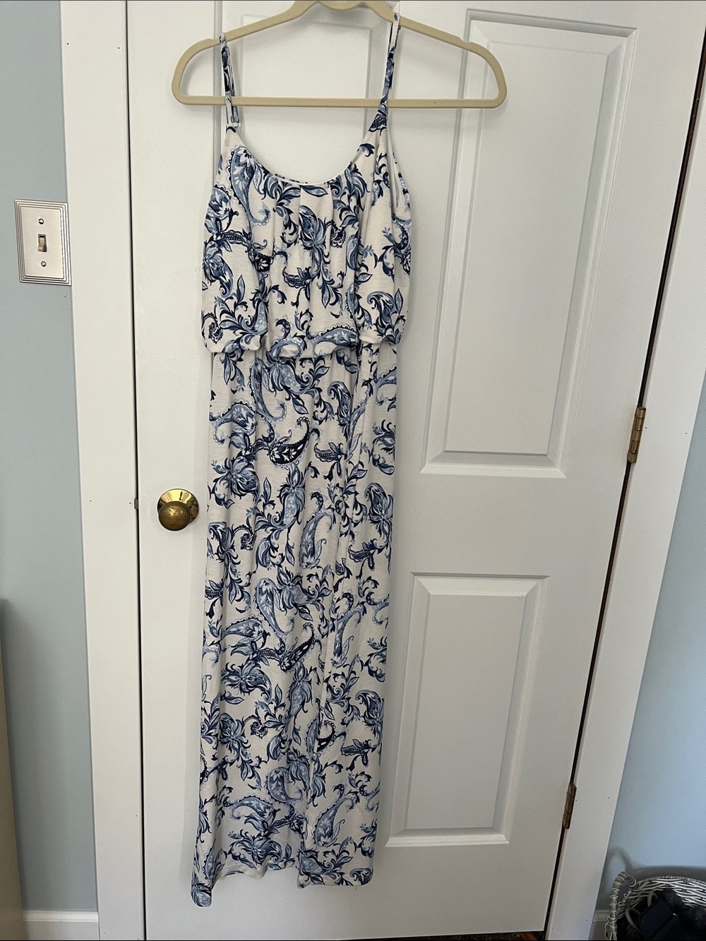 White and Blue Floral Maxi Dress with Spaghetti Straps